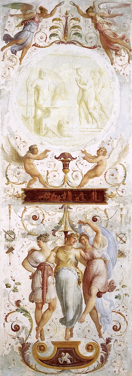 Teti riceve da Vulcano le armi di Achille. Danzatrici, vittorie e putti